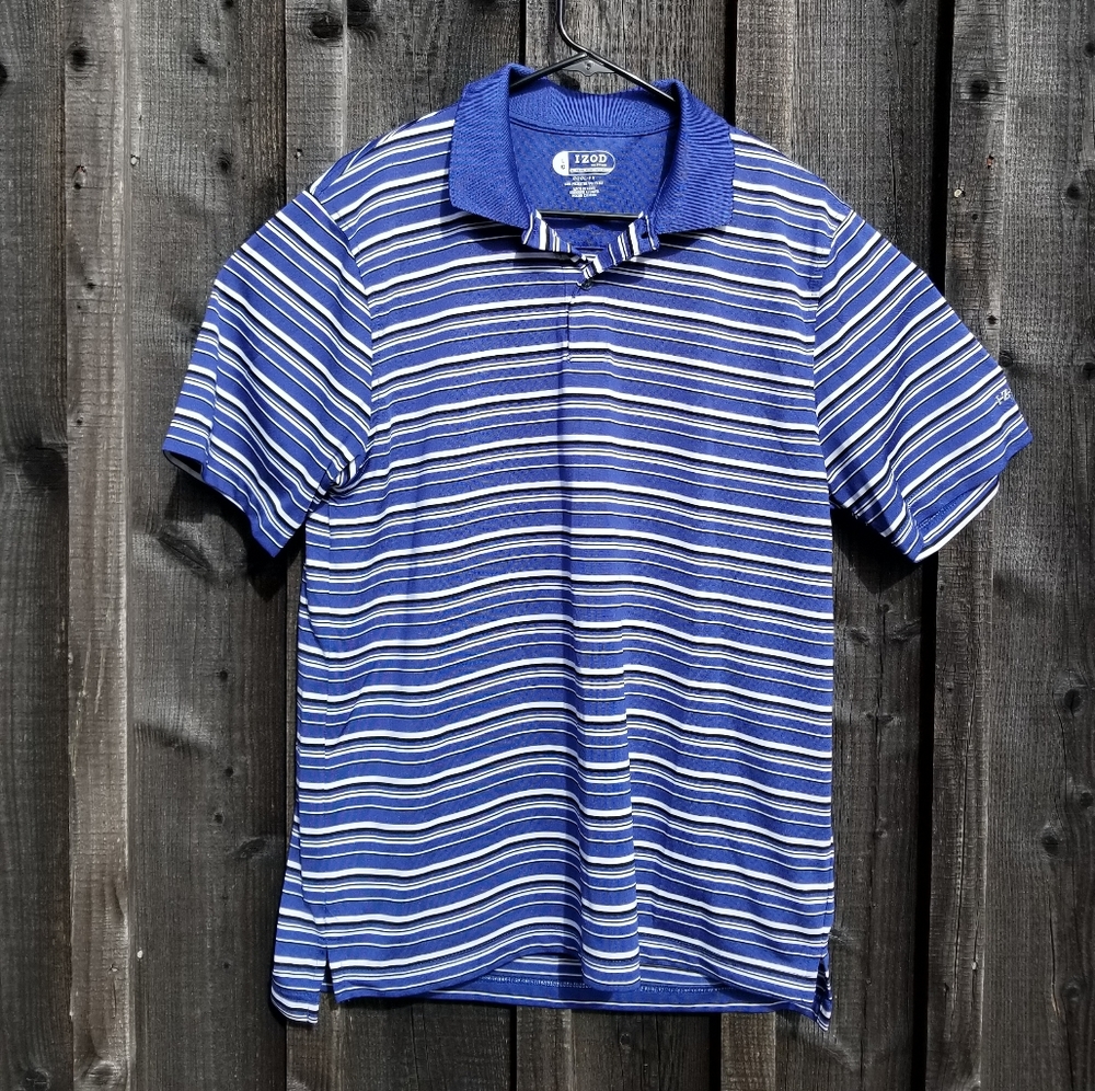 IZOD XFG Blue White Stripe Golf Polo Shirt Mens Large Cool FX X-treme Function